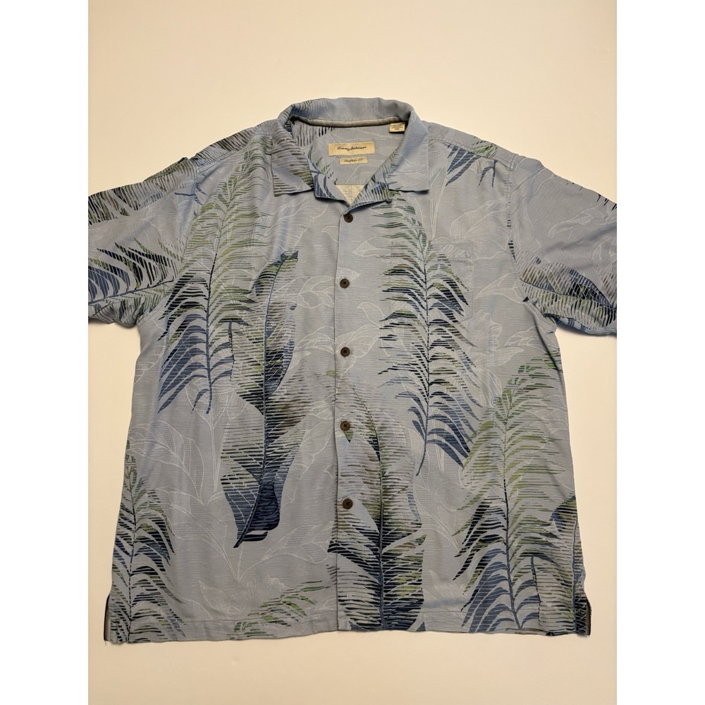 Tommy Bahama Mens XL 100% Silk Camp Shirt Blue Palm Leaf Print Short Sleeve